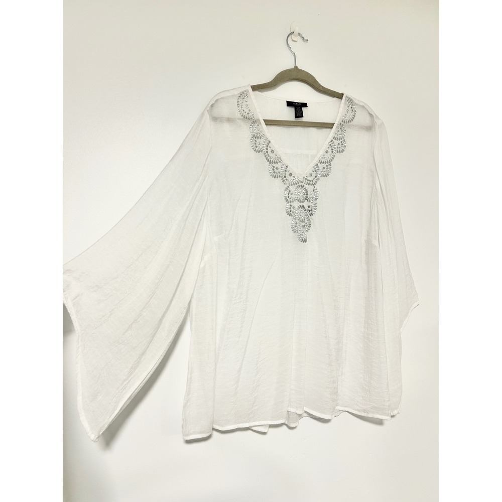 Alfani Boho 22W White Silver Sequin Beaded V-Neck Kimono Sleeve Tunic Top Womens